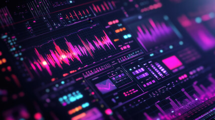 Obraz premium Dynamic Digital Design Featuring Vibrant Waveforms, Sound Spectrums, and Luminous Graphics, Ideal for Sound Engineering, Music Technology, and Multimedia Presentations