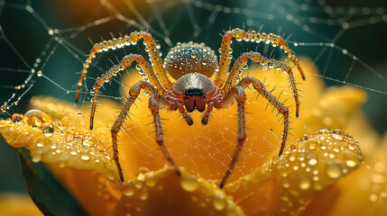 A close-up of a spiderweb glistening with morning dew.