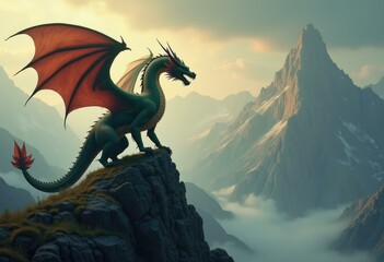 A green dragon perches on a rocky mountaintop  overlooking a misty valley.