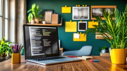 Fototapeta premium A cozy workspace featuring a laptop with code, surrounded by plants and colorful decor on a wooden desk, ideal for productivity and creativity.