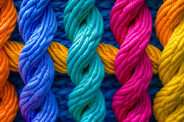 A bunch of colorful ropes that are tangled together