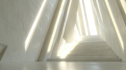 Obraz premium Light-filled minimalist concrete staircase ascending within a triangular architectural structure.