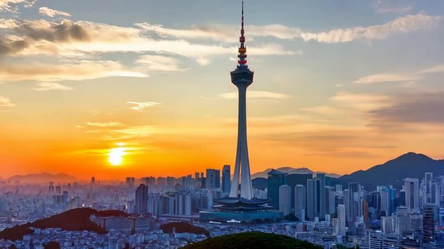Gwangju's Majestic Sunset: A Panoramic View of the City and Tower
