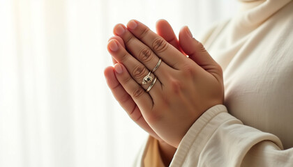 Woman's hands clasped in prayer  adorned with delicate rings  a serene and peaceful moment.