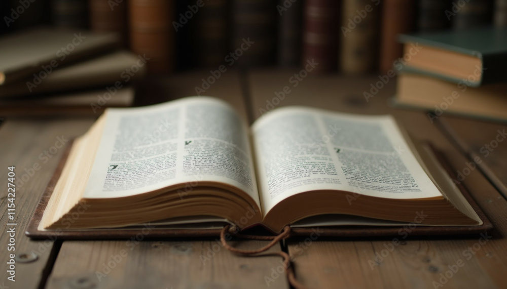 Aufkleber an open book rests on a wooden table surrounded by other books in a library setting.