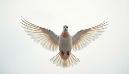 Obraz premium A white dove in flight wings spread wide against a bright background.