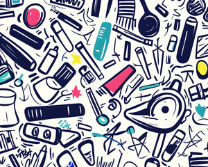 Colorful Makeup & Art Supplies Doodle Background Illustration for Design.