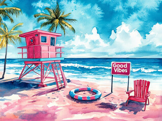 Watercolor painting of a pink and teal beach scene with a lifeguard tower, life ring, chairs, palm trees, and a sign that says "Good Vibes" on the sand. 