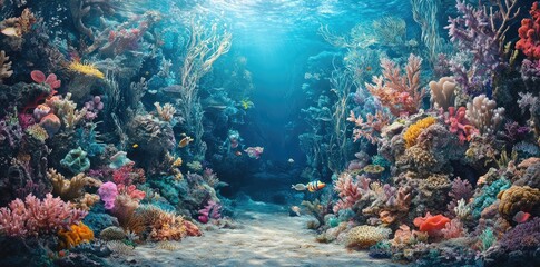 Naklejka premium Vibrant Coral Reef Ecosystem Underwater Scene