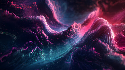 Organic 3d sound waves flowing through a dark environment, glowing softly to create a surreal music visualization. Oscillation. Illustration