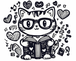 Cute Cat Reading Book with Music Notes Hearts Background, for Valentine's Day Card Design.
