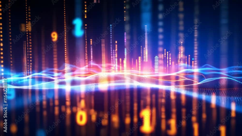 Poster digital technology network wave animation. futuristic data visualization with binary code and light 