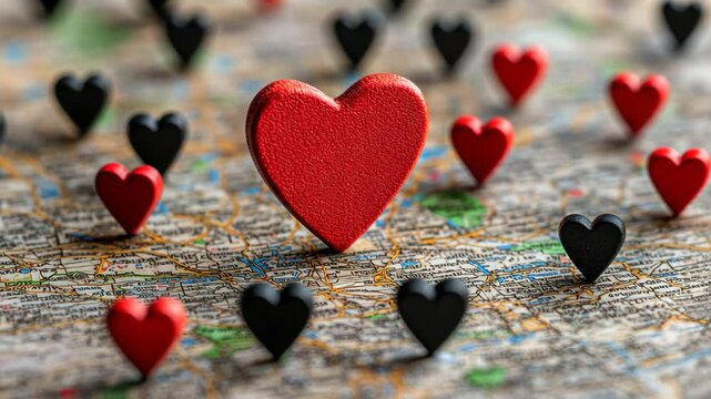 Heart markers scattered across a map representing love and connection in various locations