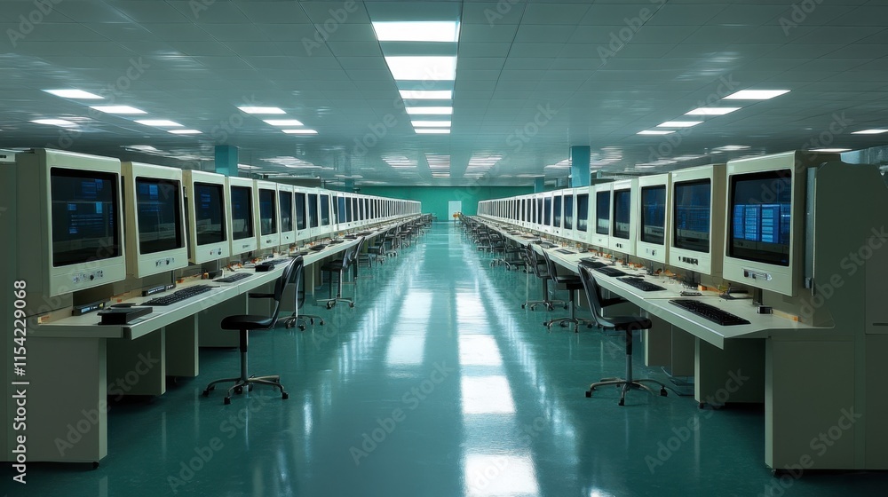 Poster modern office space with multiple computer workstations and monitors