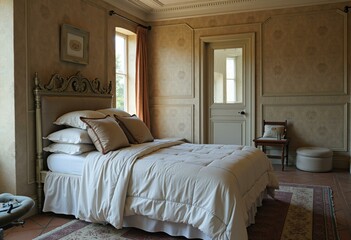 A luxuriously decorated bedroom with a large bed and ornate headboard.
