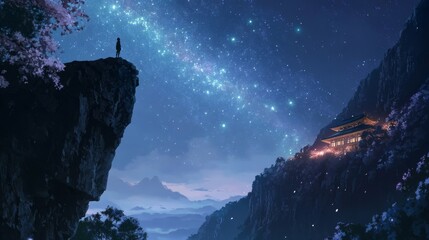 A solitary figure stands on a high cliff, gazing up at the star-filled sky near a warmly lit temple nestled in the mountains. The serene night scene evokes feelings of wonder and peace.. AI Generation