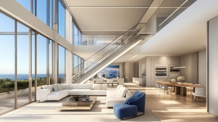 Luxurious modern penthouse apartment with ocean view, featuring open floor plan, large windows, staircase, and contemporary furniture.