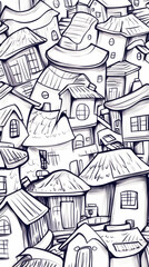 Fototapeta premium Dense Village Sketch, Hillside Homes, Architectural Illustration, Background Texture, Design Element.