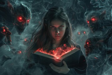 A girl is holding a glowing red book, surrounded by demons with red eyes.