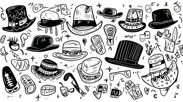 Diverse Hand-Drawn Hats Collection Fashion, Style, Background Illustrations for Design Projects.