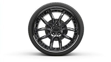 Obraz premium Black Sports Car Wheel with Stylish Design and Reflective Finish
