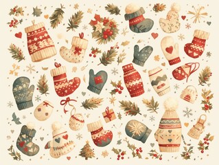 A festive collection of winter clothing and decorations for the holiday season.