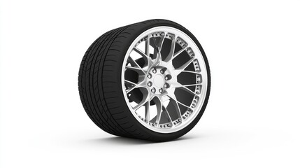 Obraz premium Sleek Modern Tire with Alloy Wheel on White Background