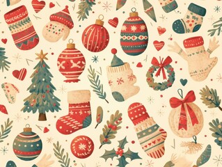 A festive pattern featuring Christmas ornaments, trees, and holiday decorations.