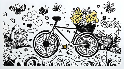Doodle Bicycle with Flowers in Basket, Spring Nature Background,  Website Illustration.
