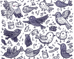 Doodle Birds Flying Pattern Background Illustration.