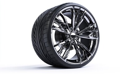 Stylish Silver Wheel with Black Tire on White Background