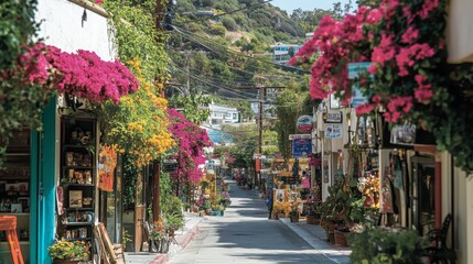 Fototapeta premium Charming Street View with Colorful Bougainvillea and Boutique Shops