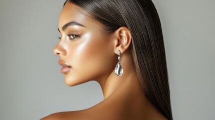 Naklejka premium Elegant woman showcasing silver teardrop earring in simple portrait