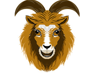 Illustration design of a shaggy and long goat head in gold color with curved horns