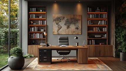 Modern home office with large windows, wooden desk, bookshelves, and world map.