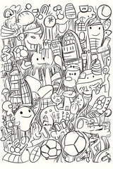 Obraz premium Doodle Cityscape Whimsical illustration of urban life, animals, and objects.