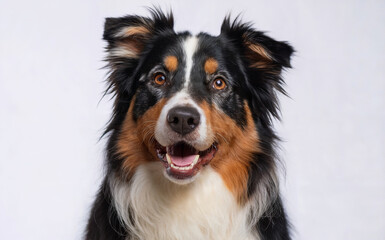 Fototapeta premium A dog with a tri-colored coat, predominantly black, white, and brown. The dog has bright, expressive eyes and an open mouth, revealing its teeth. 
