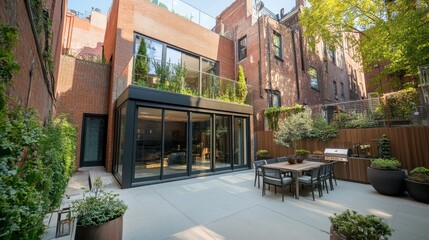 Obraz premium Modern Urban Patio with Glass Wall and Greenery in City Setting