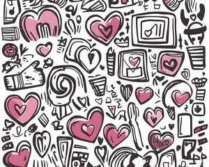 Doodle hearts, social media icons, and graphic elements background for Valentine's Day.