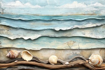 Textured Seascape Art Featuring Seashells and Driftwood