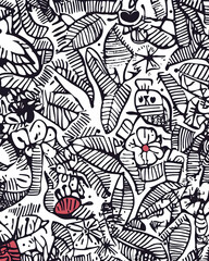 Doodle Jungle Pattern Black and white hand-drawn leaves, flowers, and insects, seamless background for textile, wallpaper, or web design.
