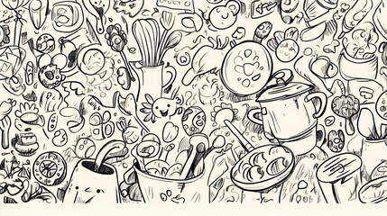 Doodle Kitchenware Food Background Pattern Illustration Design.