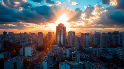 Obraz premium Destroyed Cityscape with Modern Building Under Sunlight