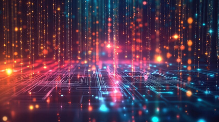 Fototapeta premium Futuristic Digital Background Featuring Glowing Data Streams, Circuit Patterns, and Vibrant Gradients, Perfect for Illustrating Neural Networks, AI Development, Data Encryption