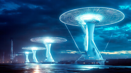 White Defense Towers with Radar Dishes and Energy Fields