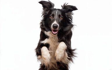 Fototapeta premium A black and white dog, possibly a Border Collie, in mid-jump or leap. The dog's front paws are raised, and its ears are perked up, indicating alertness or excitement. 