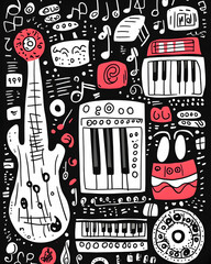 Obraz premium Doodle Music Instruments Background Design Illustration.