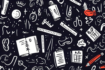 Doodle School Supplies Background Pattern  Classroom learning, education, design, dark background, website use.