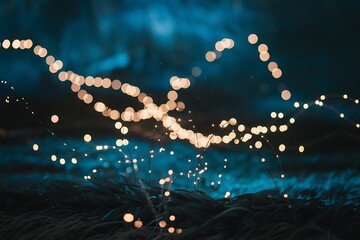 Mystical dark blue background with glowing light particles forming radiant lines, creating an enchanting scene with depth, magic, and a captivating sense of wonder