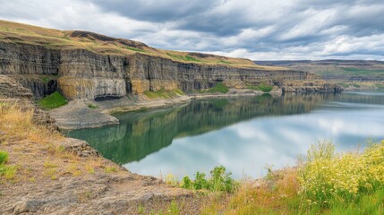 Fototapeta premium Stunning Landscape of Calm River Reflecting Rocky Cliff Under Clouds